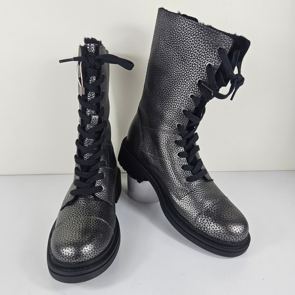 Dirk Bikkembergs Saralee Womens 10 Silver Metallic Leather Faux Fur Combat Boots